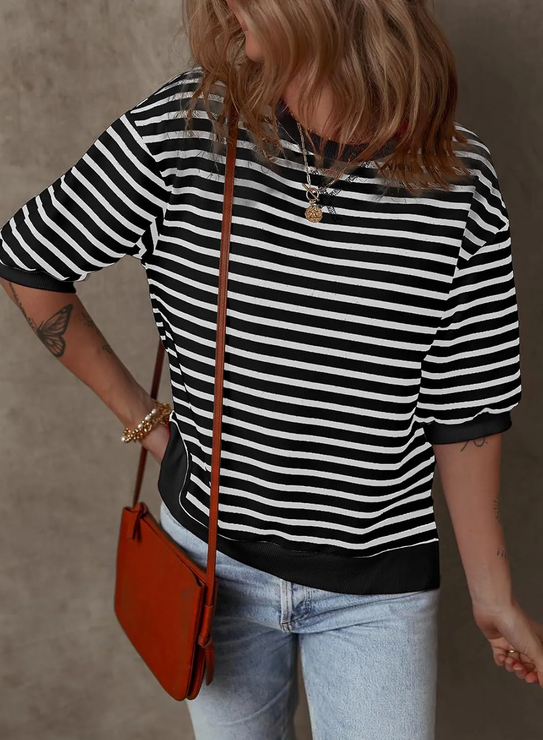 Dokotoo Sweatshirt for Women Fashion Summer Tops Striped Casual Color Block T Shirt Casual Pullover