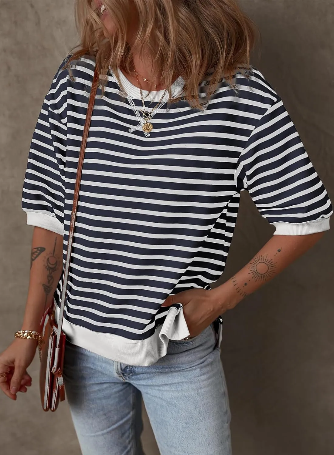 Dokotoo Sweatshirt for Women Fashion Summer Tops Striped Casual Color Block T Shirt Casual Pullover