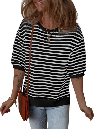 Dokotoo Sweatshirt for Women Fashion Summer Tops Striped Casual Color Block T Shirt Casual Pullover