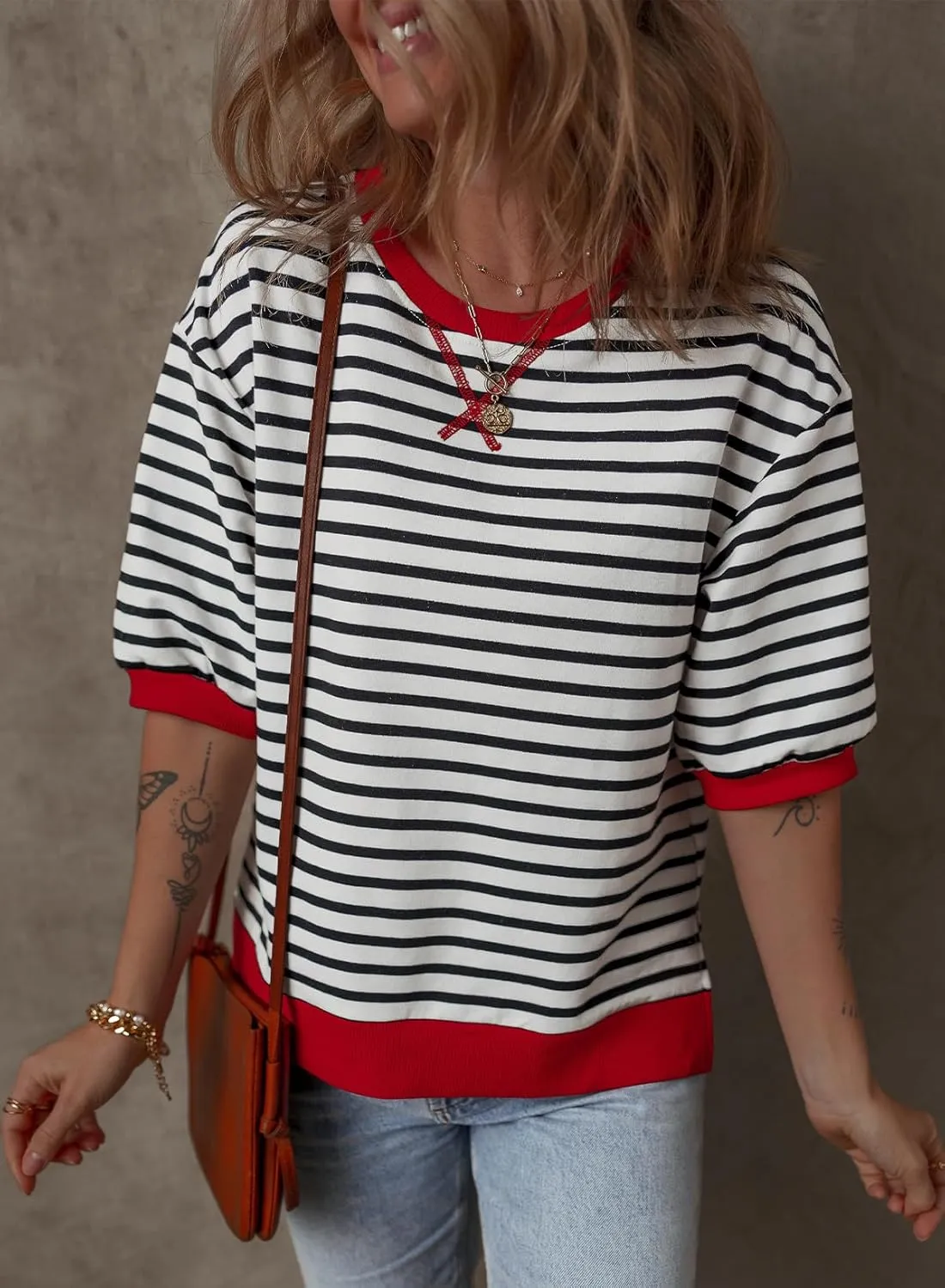 Dokotoo Sweatshirt for Women Fashion Summer Tops Striped Casual Color Block T Shirt Casual Pullover
