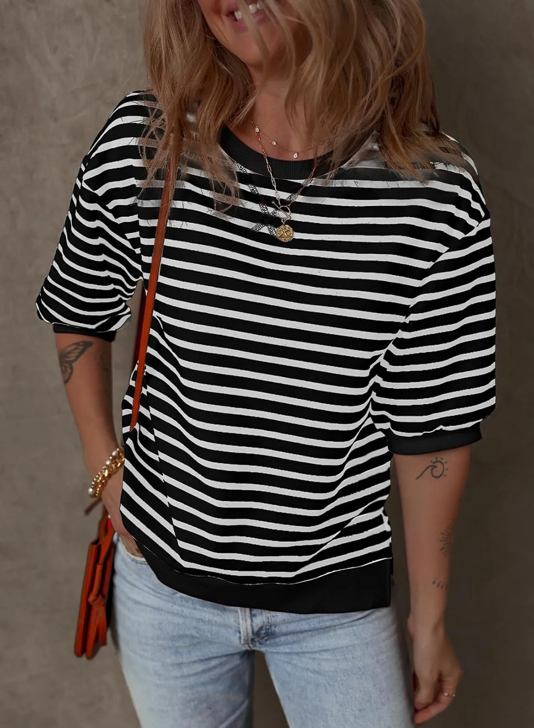 Dokotoo Sweatshirt for Women Fashion Summer Tops Striped Casual Color Block T Shirt Casual Pullover