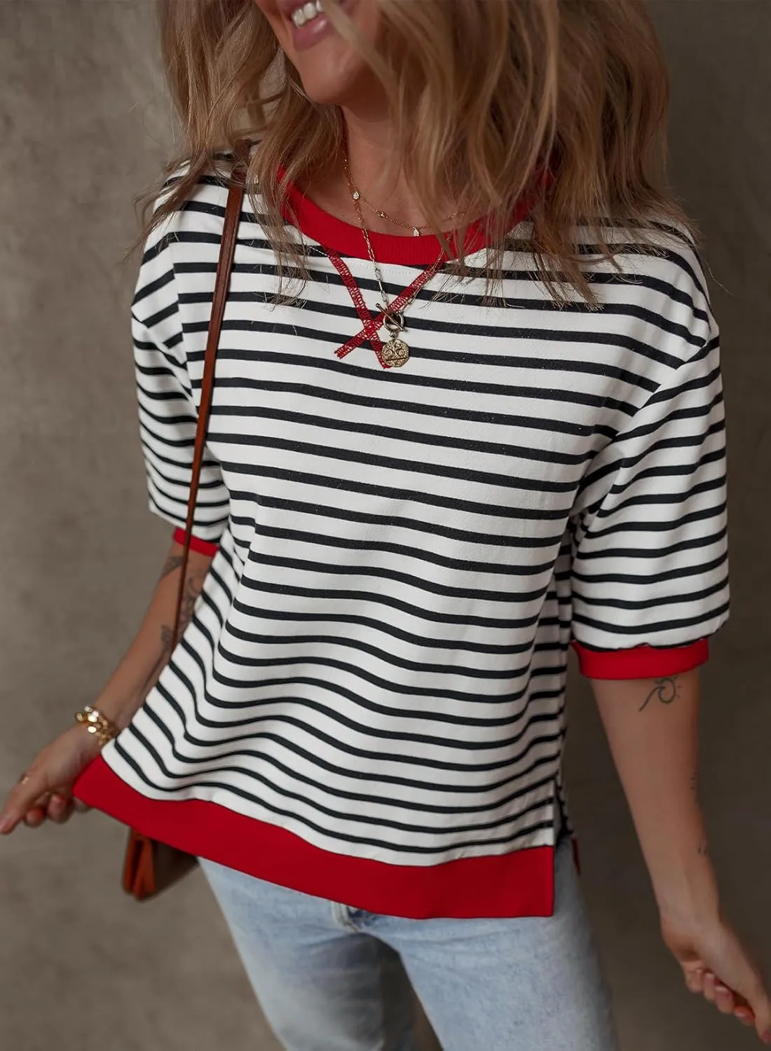 Dokotoo Sweatshirt for Women Fashion Summer Tops Striped Casual Color Block T Shirt Casual Pullover