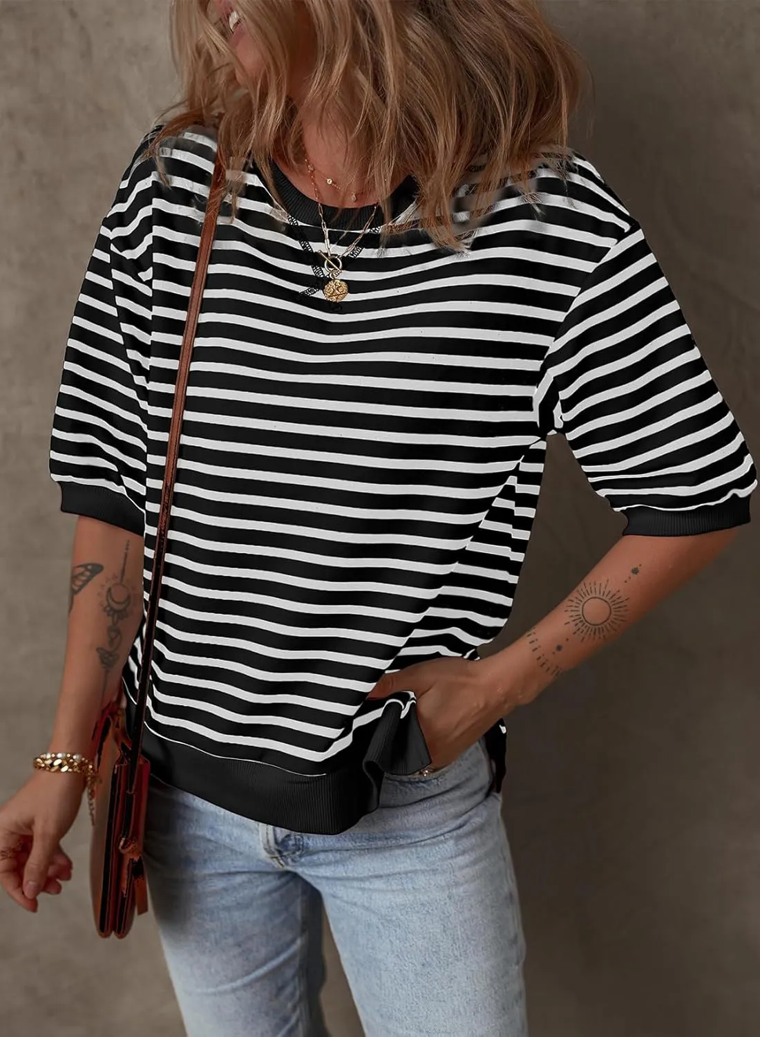 Dokotoo Sweatshirt for Women Fashion Summer Tops Striped Casual Color Block T Shirt Casual Pullover