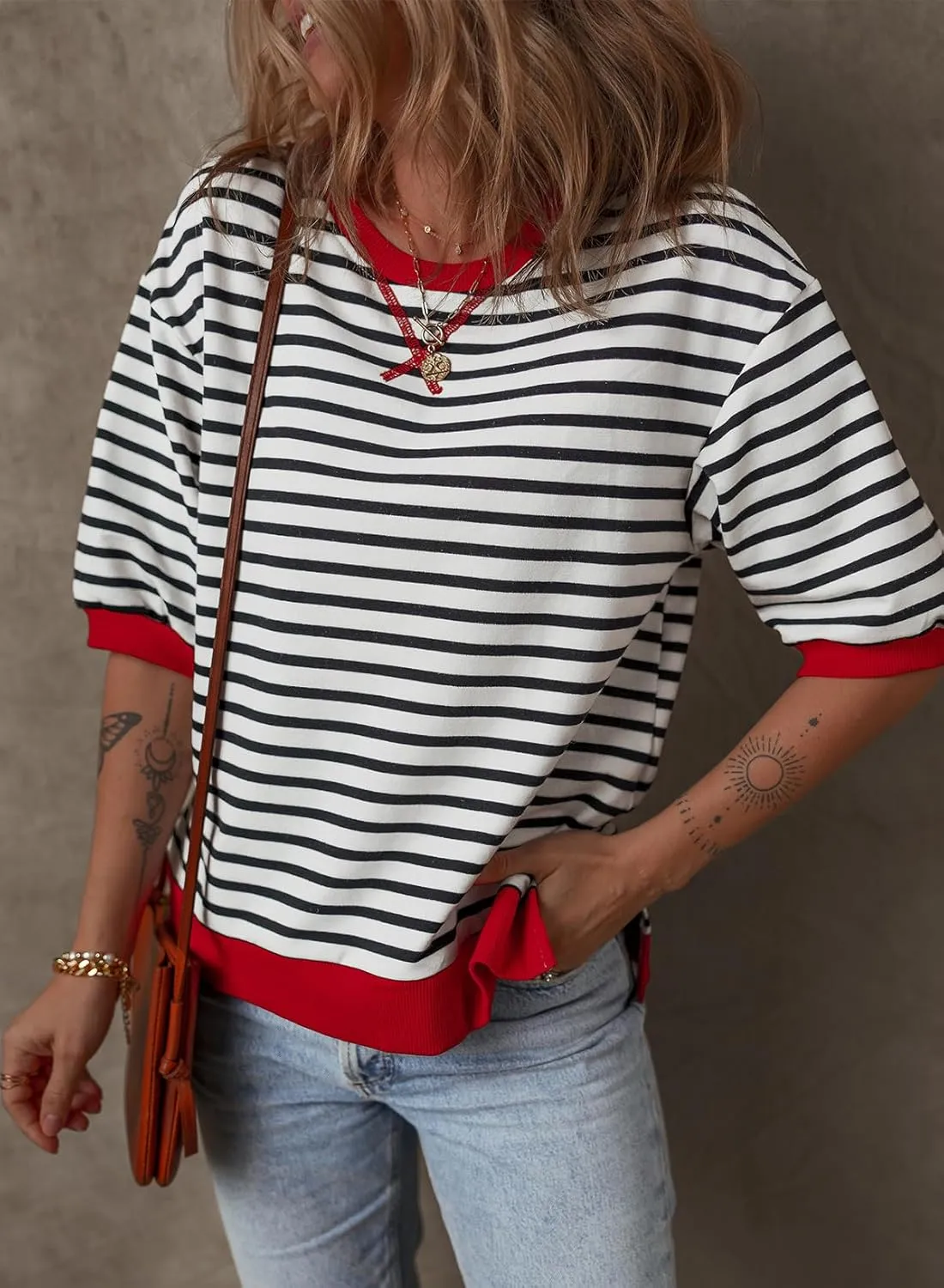 Dokotoo Sweatshirt for Women Fashion Summer Tops Striped Casual Color Block T Shirt Casual Pullover