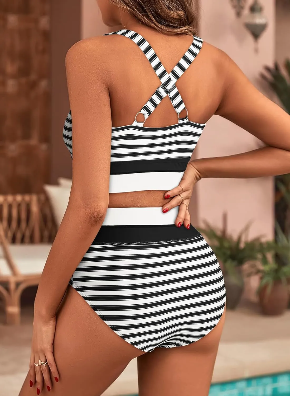 Dokotoo Women's High Waisted Bikini Sets Two Piece Swimsuits Color Block Scoop Neck Bathing Suits