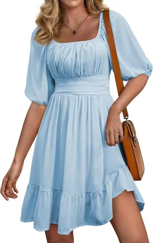 Dokotoo Womens Summer Dresses Square Neck Tie Back Lantern Sleeve Ruffle A-Line Casual Dress
