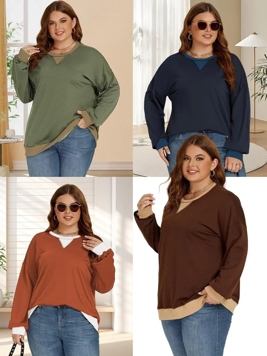 DOLNINE Plus-Size-Sweatshirts for Women Oversized Long Sleeve Tops Casual Crewneck Colorblock Pullover Tunic Shirts