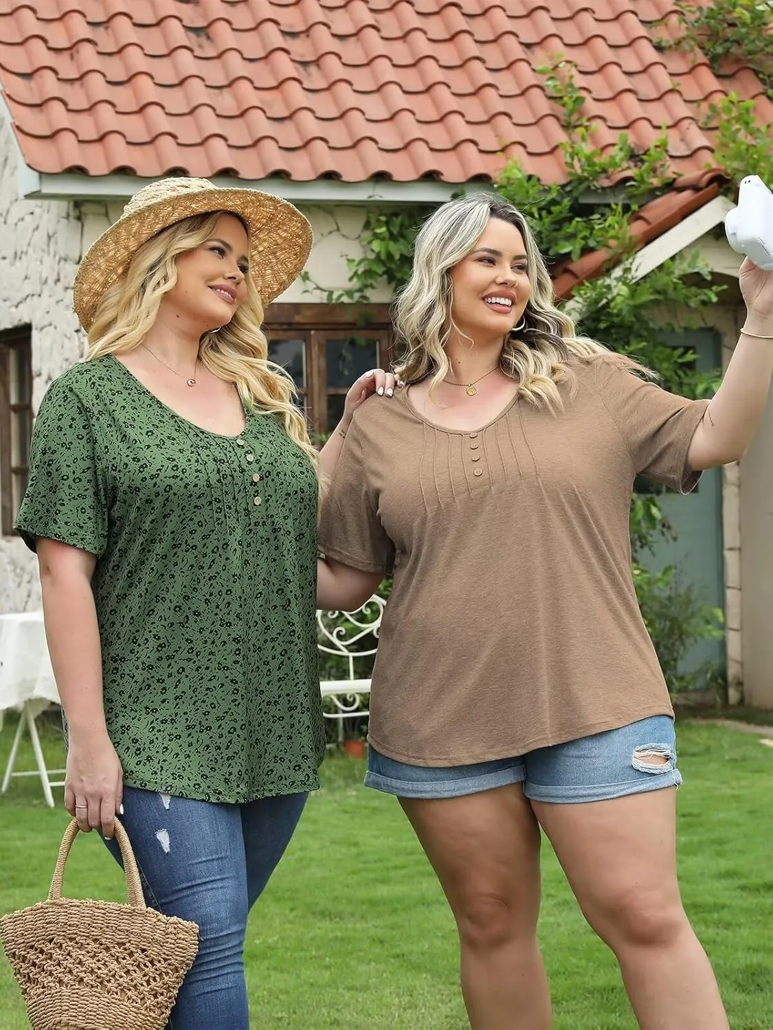 DOLNINE Womens Plus Size Tops Casual Pleated Front V Neck Button Summer Loose Fit Shirts XL-5XL