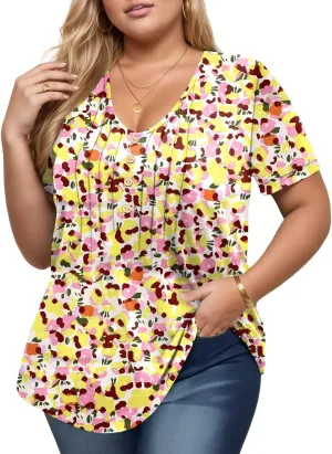 DOLNINE Womens Plus Size Tops Casual Pleated Front V Neck Button Summer Loose Fit Shirts XL-5XL