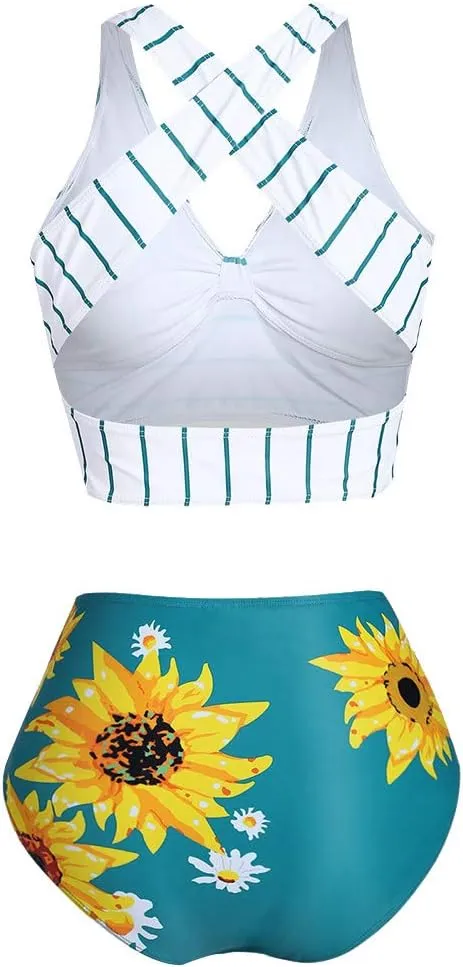 DRESSFO Women Bikini Set Two Piece Swimsuits Sunflower High Waisted Bottom Halter Knot Wrap Bikini