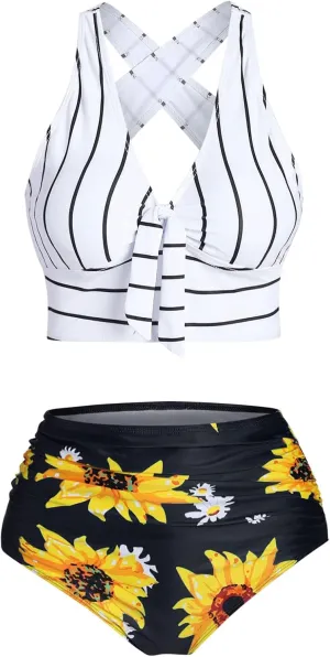 DRESSFO Women Bikini Set Two Piece Swimsuits Sunflower High Waisted Bottom Halter Knot Wrap Bikini