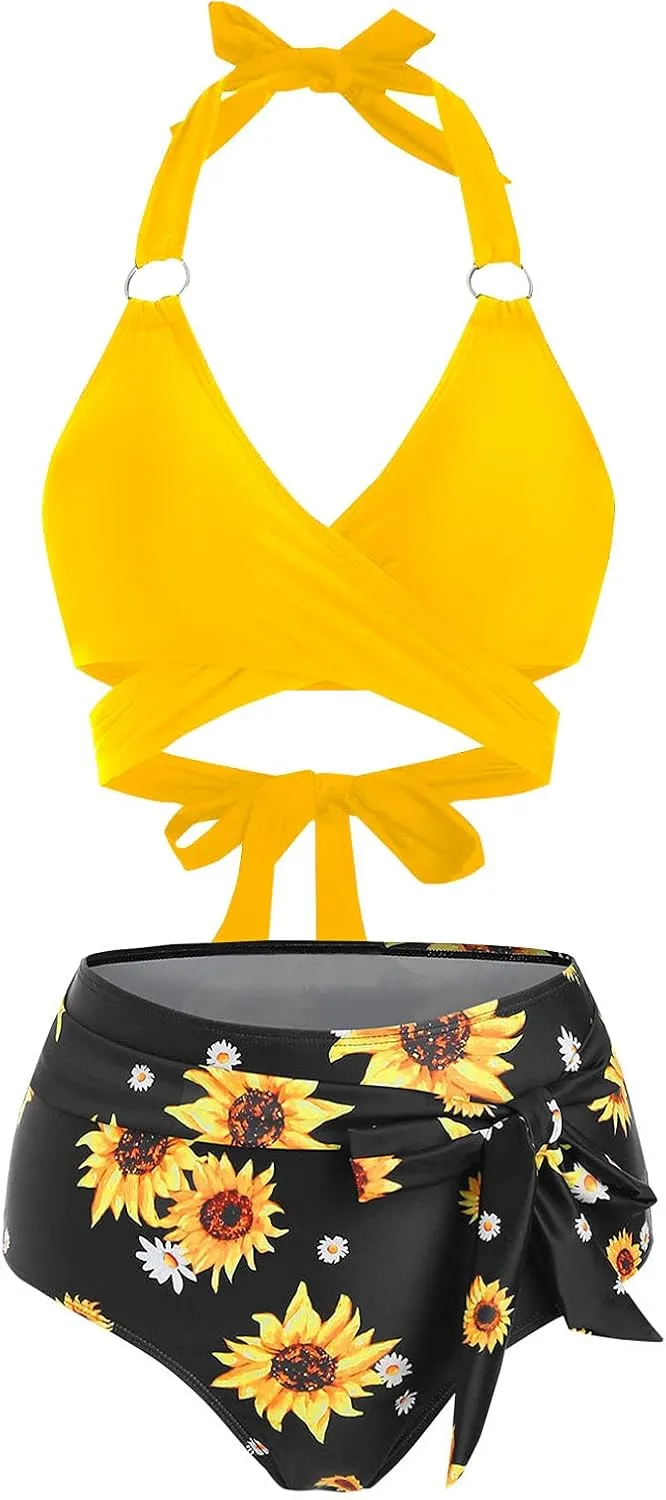 DRESSFO Women Bikini Set Two Piece Swimsuits Sunflower High Waisted Bottom Halter Knot Wrap Bikini