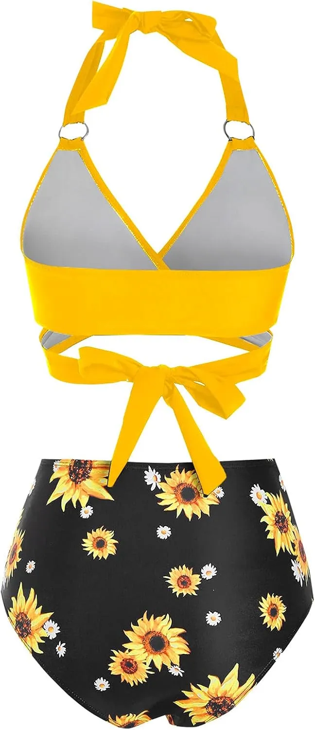 DRESSFO Women Bikini Set Two Piece Swimsuits Sunflower High Waisted Bottom Halter Knot Wrap Bikini
