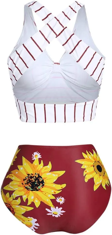 DRESSFO Women Bikini Set Two Piece Swimsuits Sunflower High Waisted Bottom Halter Knot Wrap Bikini