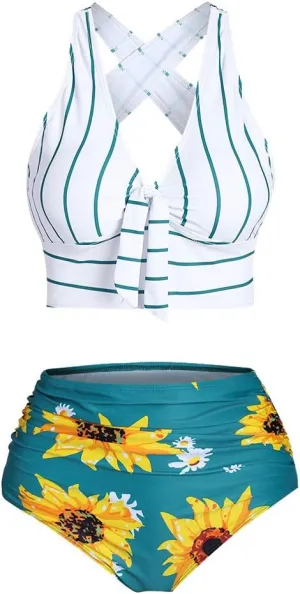 DRESSFO Women Bikini Set Two Piece Swimsuits Sunflower High Waisted Bottom Halter Knot Wrap Bikini