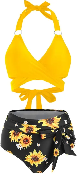 DRESSFO Women Bikini Set Two Piece Swimsuits Sunflower High Waisted Bottom Halter Knot Wrap Bikini