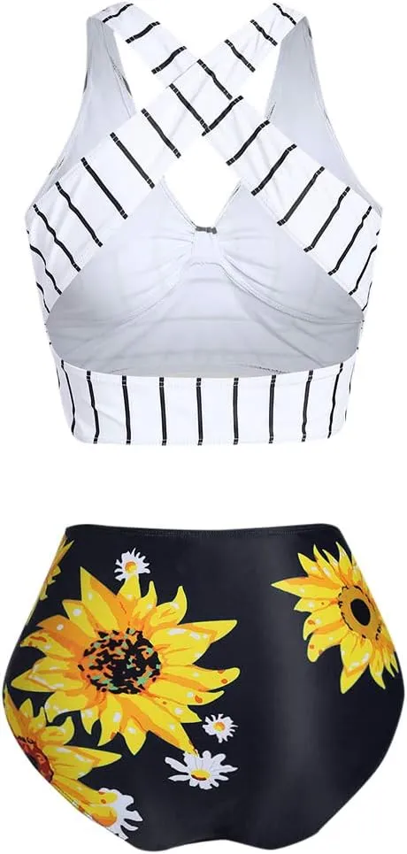 DRESSFO Women Bikini Set Two Piece Swimsuits Sunflower High Waisted Bottom Halter Knot Wrap Bikini