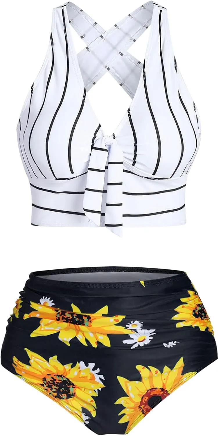 DRESSFO Women Bikini Set Two Piece Swimsuits Sunflower High Waisted Bottom Halter Knot Wrap Bikini