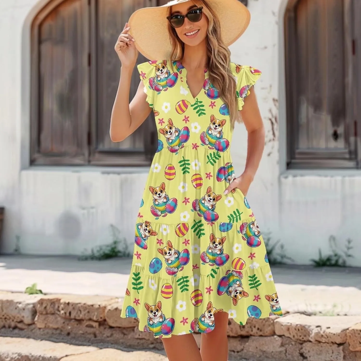 Easter Dress for Women Plus Size Cute Summer Dresses Tiered Midi Sun Dress Ruffle Sleeve V Neck Dress S-2XL