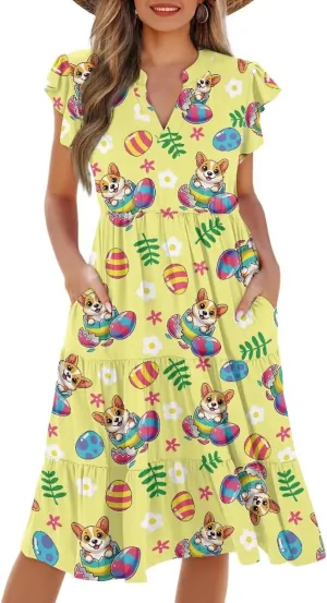 Easter Dress for Women Plus Size Cute Summer Dresses Tiered Midi Sun Dress Ruffle Sleeve V Neck Dress S-2XL