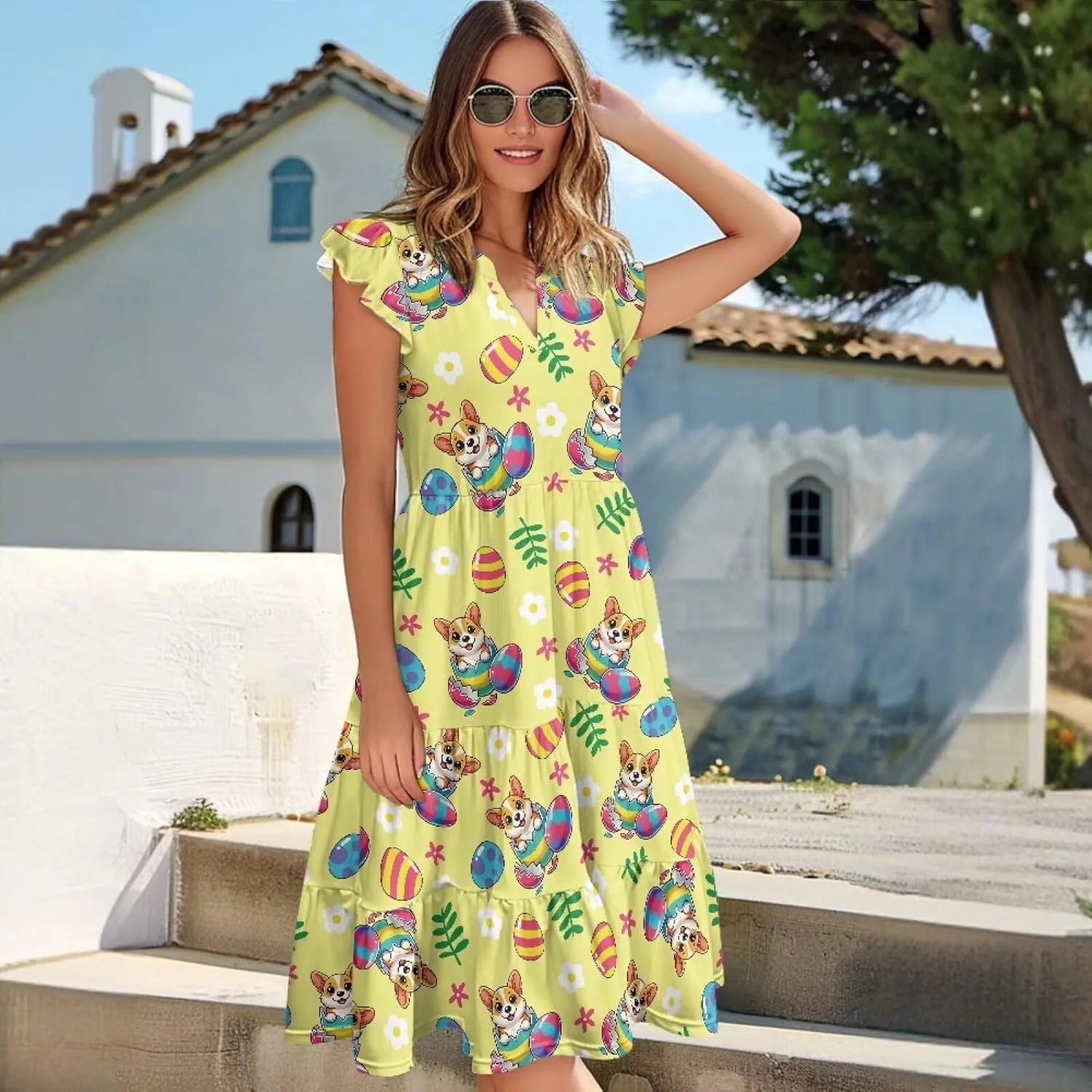 Easter Dress for Women Plus Size Cute Summer Dresses Tiered Midi Sun Dress Ruffle Sleeve V Neck Dress S-2XL