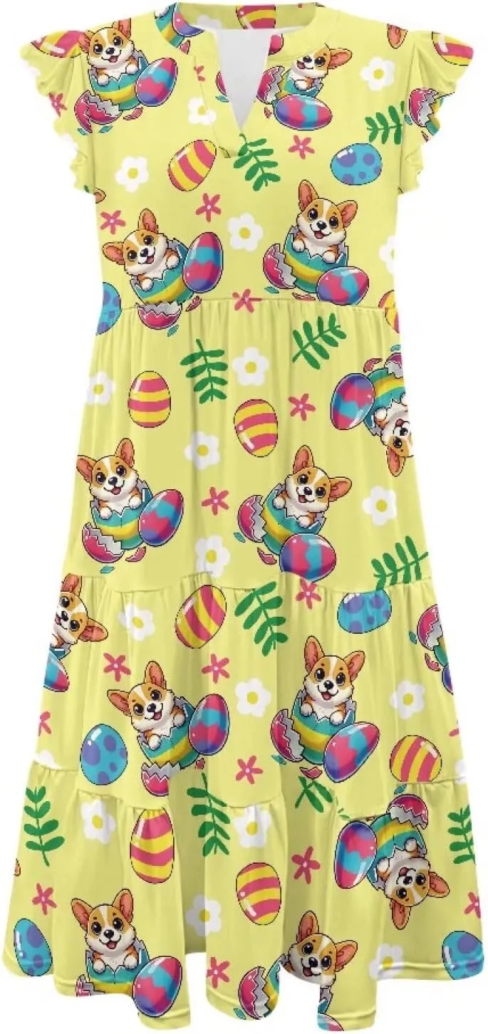 Easter Dress for Women Plus Size Cute Summer Dresses Tiered Midi Sun Dress Ruffle Sleeve V Neck Dress S-2XL