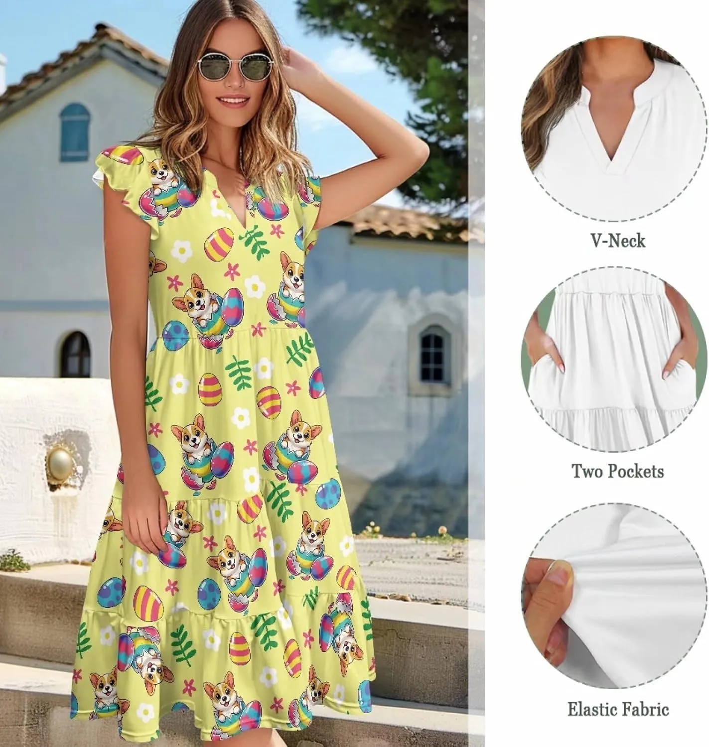 Easter Dress for Women Plus Size Cute Summer Dresses Tiered Midi Sun Dress Ruffle Sleeve V Neck Dress S-2XL
