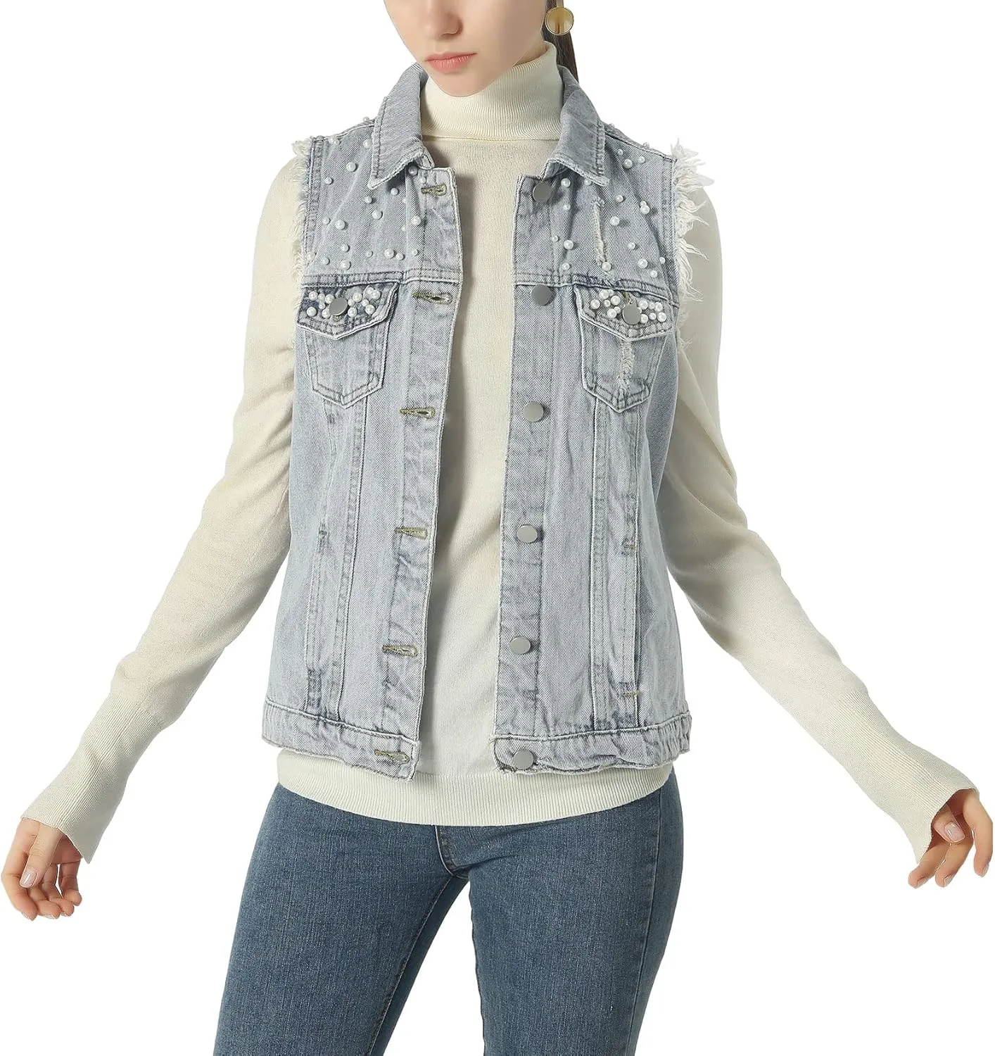 ebossy Women's Candy Color Slim Fit Sleeveless Distressed Denim Jean Vest Jacket
