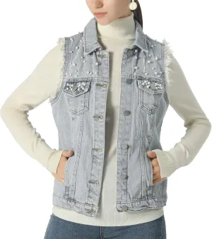 ebossy Women's Candy Color Slim Fit Sleeveless Distressed Denim Jean Vest Jacket
