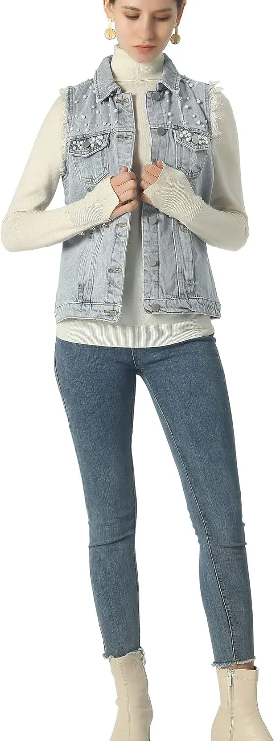 ebossy Women's Candy Color Slim Fit Sleeveless Distressed Denim Jean Vest Jacket