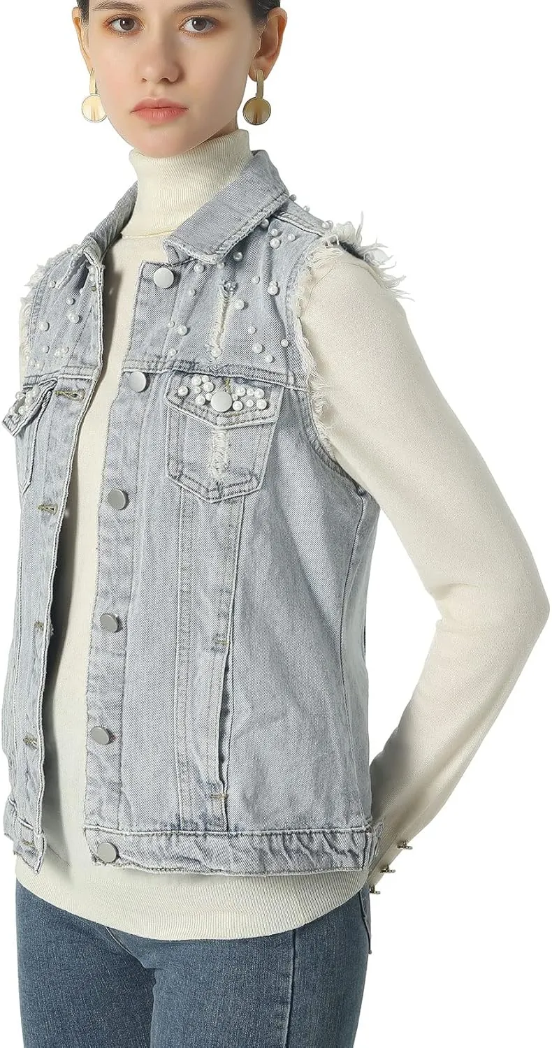 ebossy Women's Candy Color Slim Fit Sleeveless Distressed Denim Jean Vest Jacket