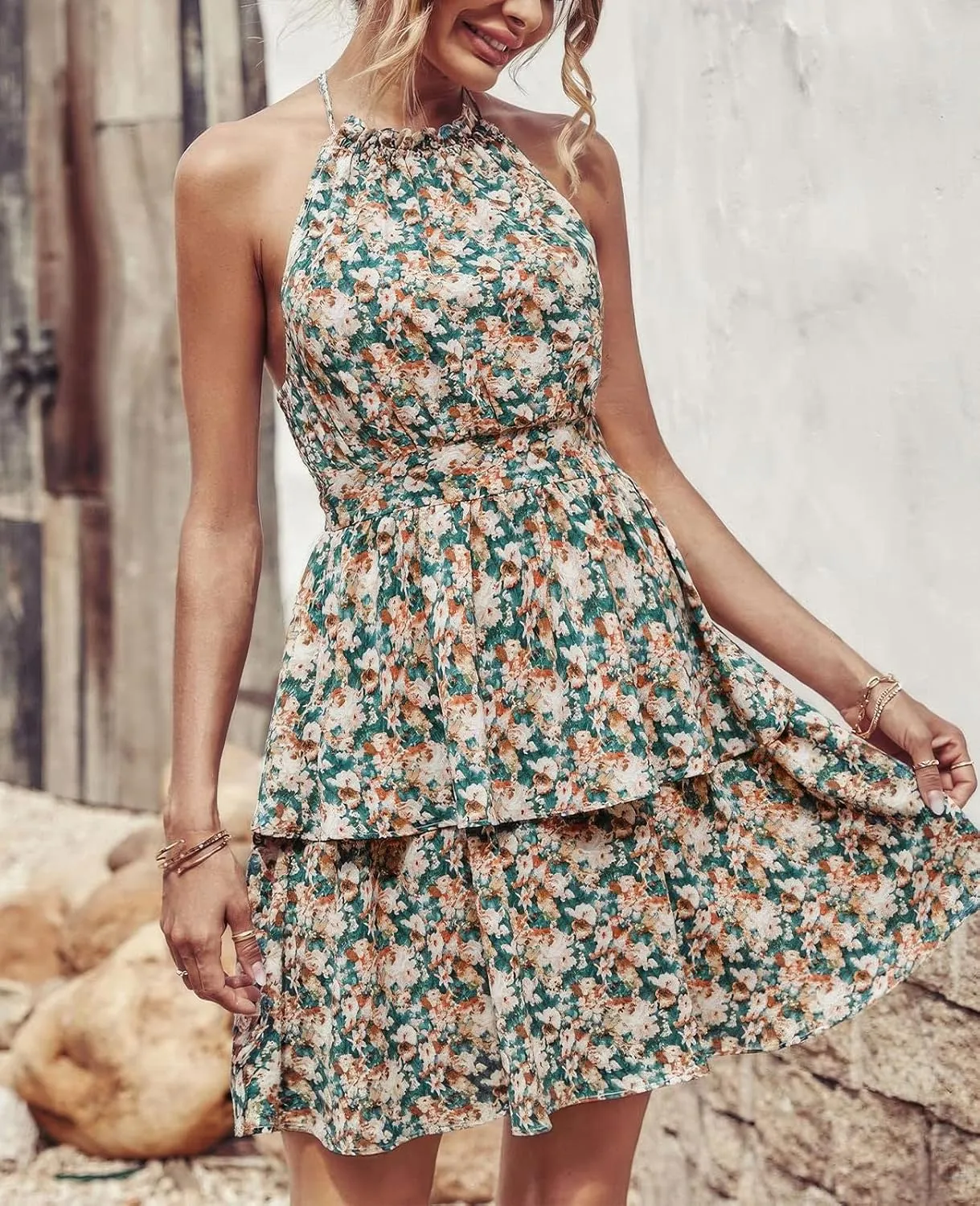 ebossy Women's Floral Halter Mini Dress Tiered Layered Backless A-line Swing Boho Ruffle Sundress