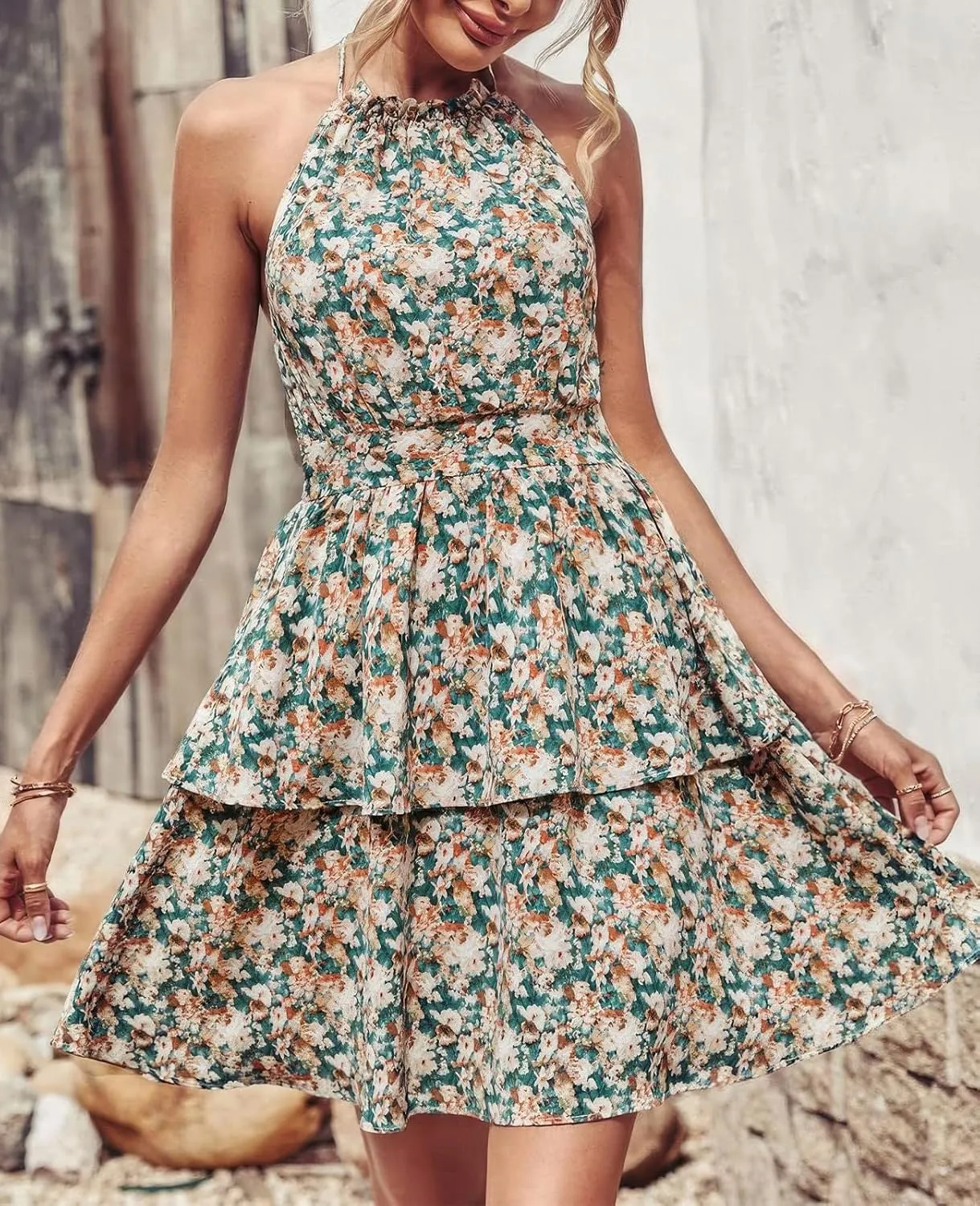 ebossy Women's Floral Halter Mini Dress Tiered Layered Backless A-line Swing Boho Ruffle Sundress