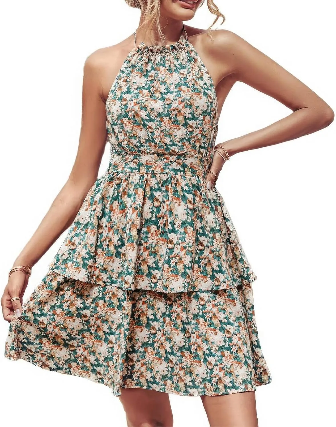 ebossy Women's Floral Halter Mini Dress Tiered Layered Backless A-line Swing Boho Ruffle Sundress