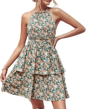 ebossy Women's Floral Halter Mini Dress Tiered Layered Backless A-line Swing Boho Ruffle Sundress