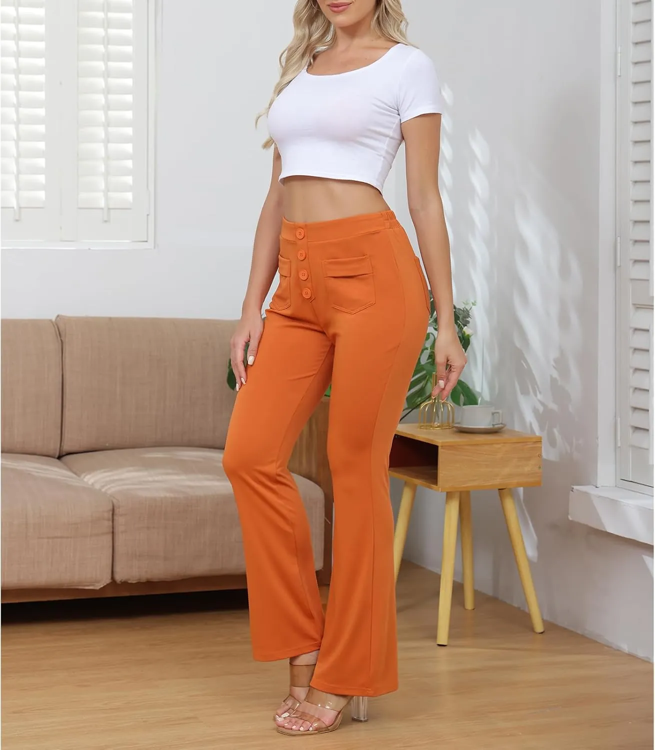 ECHOINE Womens Casual High Waisted Stretchy Bootcut Dress Pants Button Business Work Trousers with Multiple Pockets