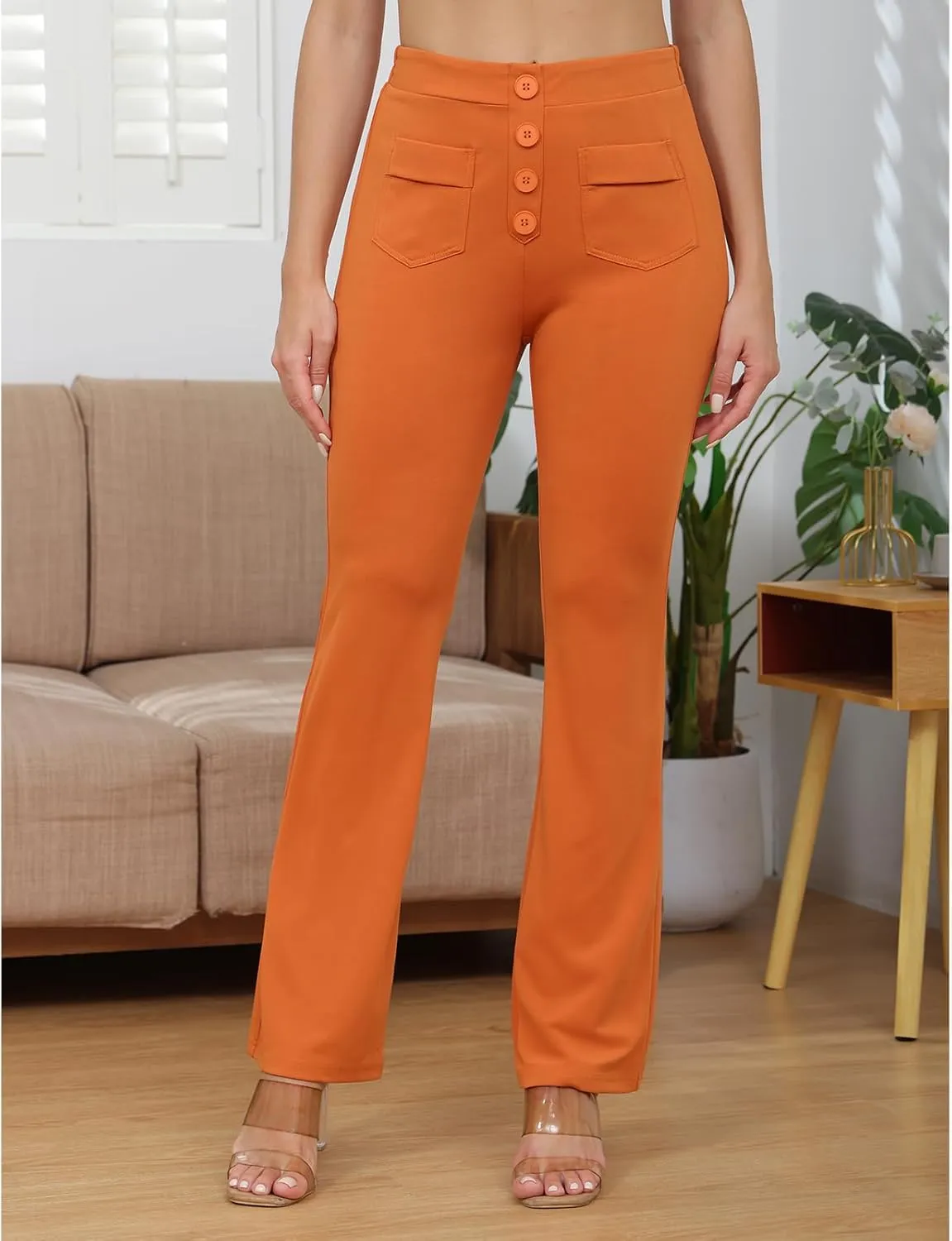 ECHOINE Womens Casual High Waisted Stretchy Bootcut Dress Pants Button Business Work Trousers with Multiple Pockets