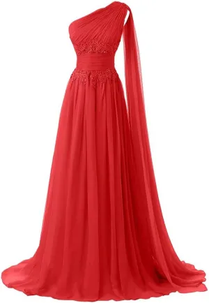 EEFZL Women's One Shoulder Bridesmaid Prom Dress Long Chiffon Wedding Guest Evening Gowns