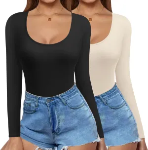 Ekouaer 2 Pack Women's Scoop Neck Tops Long Sleeve Slim Fit T Shirt Thermal Shirts Basic Tight Tee XS-XXL