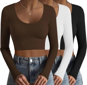 Ekouaer 3 Piece Long Sleeve Crop Tops for Women Scroop Neck Base Layer Basic Thermal Undershirts S-XXL