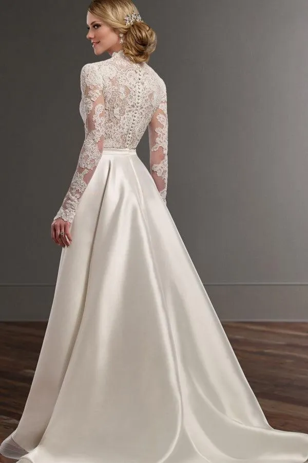Elegant A-Line V-Neck Long Sleeves Ivory Floor Length Wedding Dress TN165