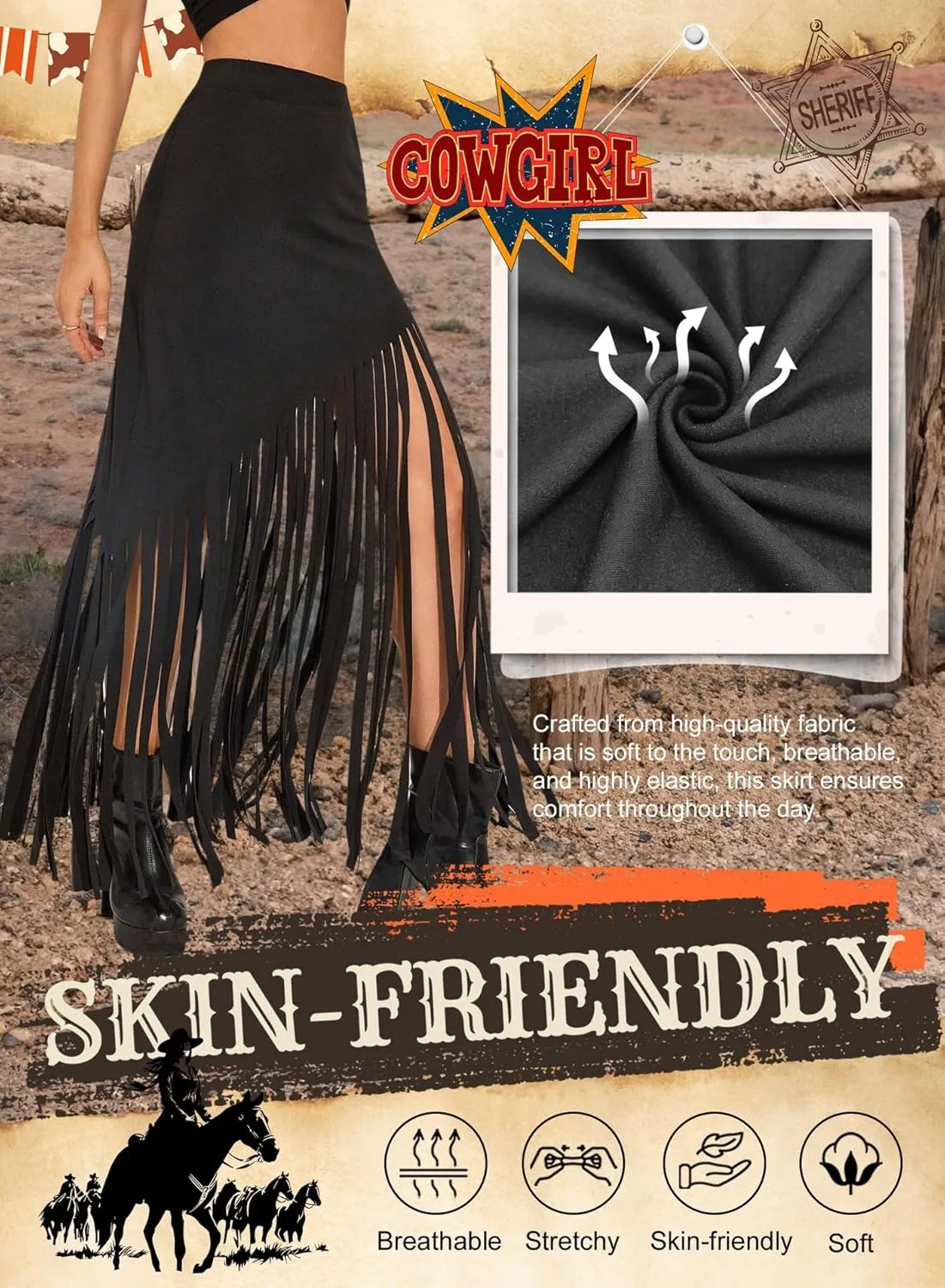 Ella Lust Womens Cowgirl Fringe Maxi Skirts - Western Country Concert Outfits Bodycon Hem Tassel High Waist Long Pencil Skirt