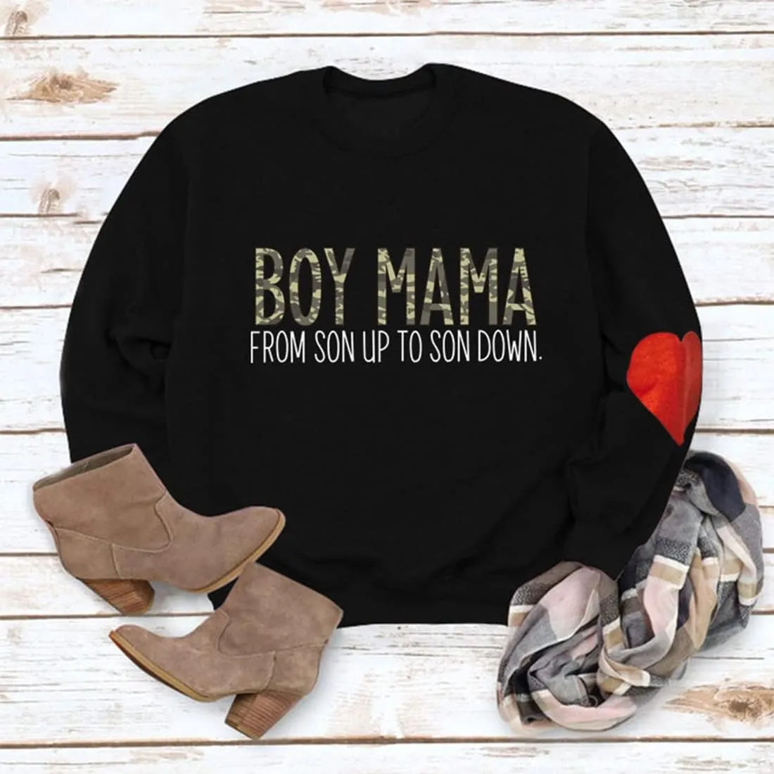 ETATNG Womens Boy Mama Sweatshirt Long Sleeve Camouflage Letter Print Crewneck Loose Sweatshirts Tops