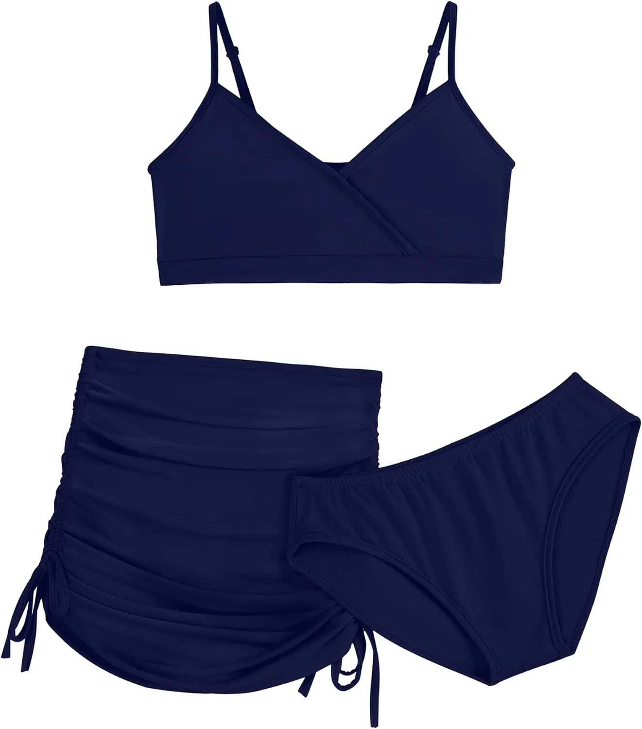 EXARUS Girls Bathing Suits 3 Piece Swimsuits Bikini Sets with Cover Up Mid Rise Ruched Swimwear Beach Pool 8-14Y