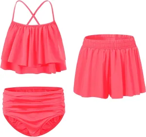 EXARUS Girls Bathing Suits 3 Piece Swimsuits Bikini Sets with Cover Up Mid Rise Ruched Swimwear Beach Pool 8-14Y
