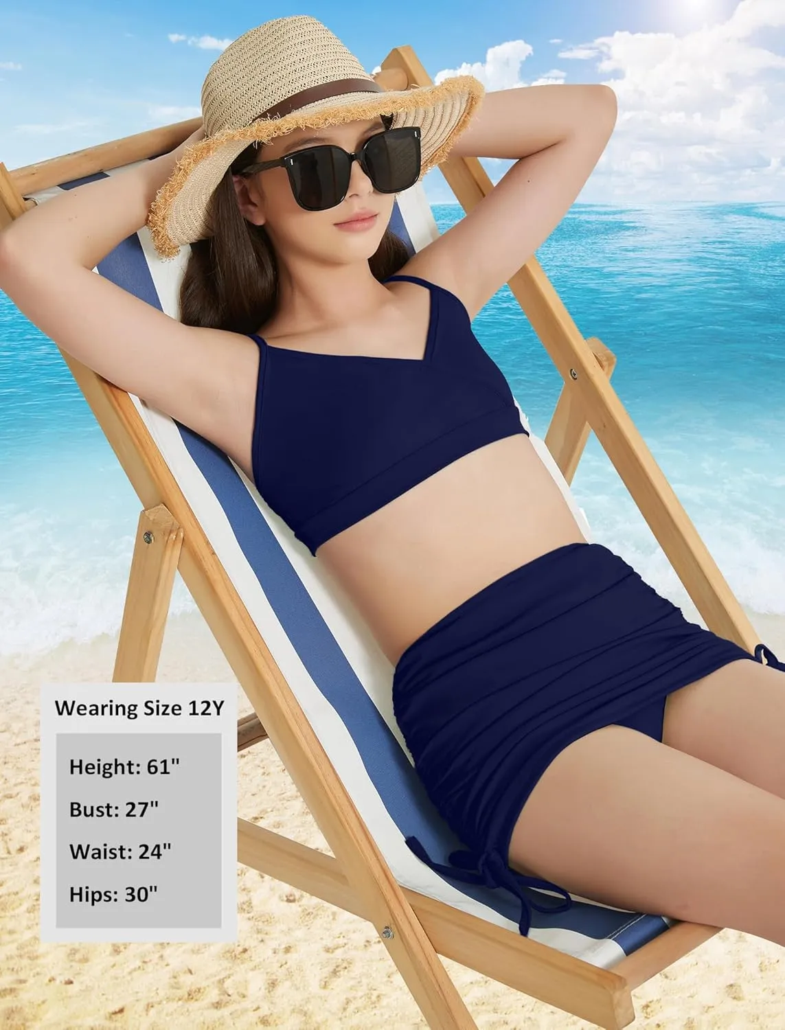 EXARUS Girls Bathing Suits 3 Piece Swimsuits Bikini Sets with Cover Up Mid Rise Ruched Swimwear Beach Pool 8-14Y