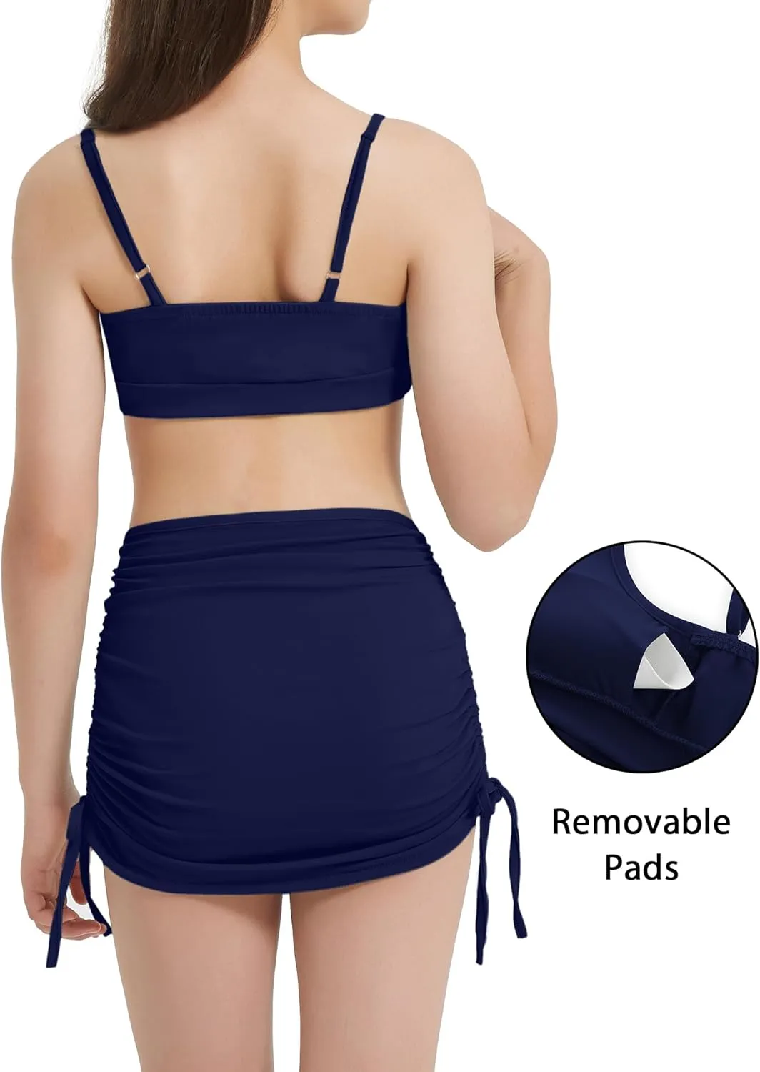 EXARUS Girls Bathing Suits 3 Piece Swimsuits Bikini Sets with Cover Up Mid Rise Ruched Swimwear Beach Pool 8-14Y