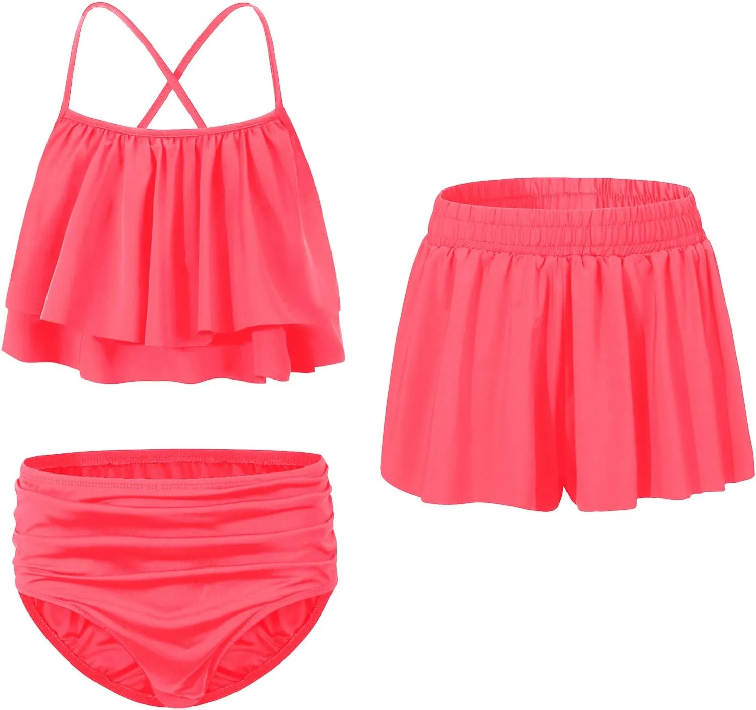 EXARUS Girls Bathing Suits 3 Piece Swimsuits Bikini Sets with Cover Up Mid Rise Ruched Swimwear Beach Pool 8-14Y
