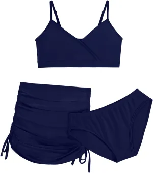 EXARUS Girls Bathing Suits 3 Piece Swimsuits Bikini Sets with Cover Up Mid Rise Ruched Swimwear Beach Pool 8-14Y