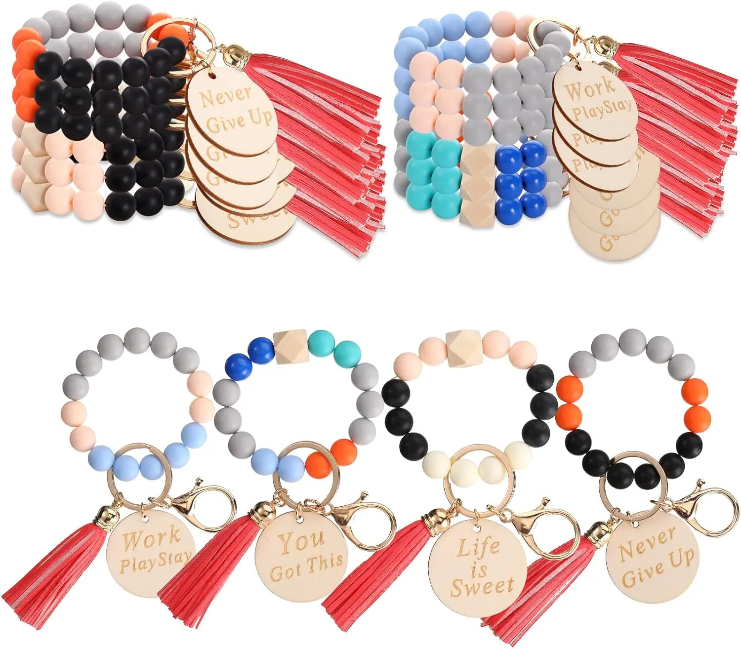 Faccito 12 Pcs Inspirational Keychain Bracelet with Tassel Beaded Motivational Quote Wristlet Keyring for Nurse Grad Gift(Bright Color)